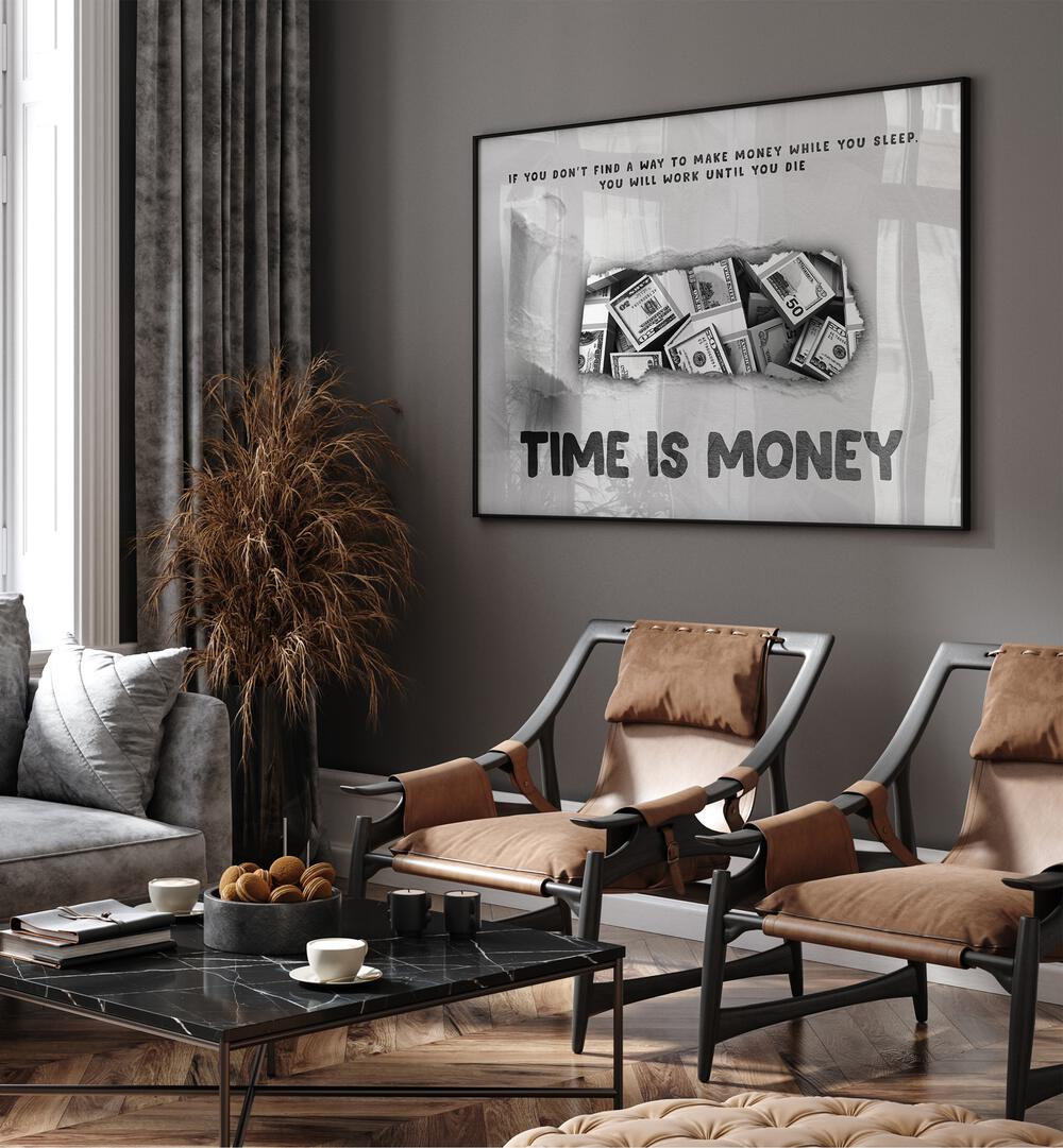 Time is Money Money Art Artwork in plain black frame hanging on wall in living space