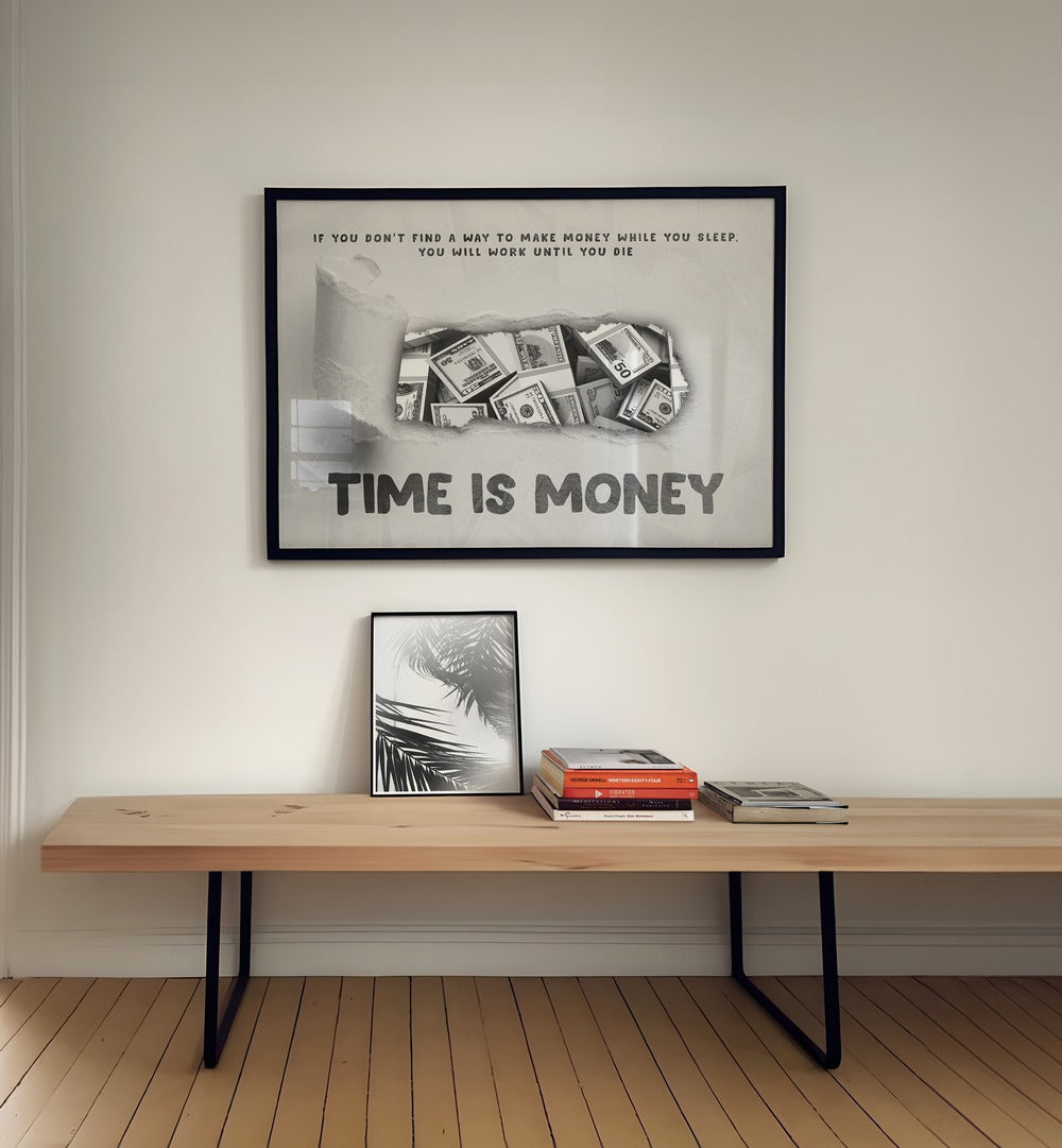 Time is Money Money Art Artwork in plain black frame hanging on wall above console table