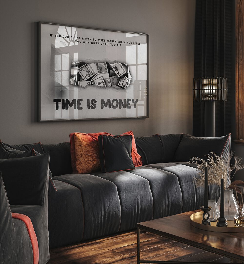 Time is Money Money Art Artwork in plain black frame hanging on wall in living space