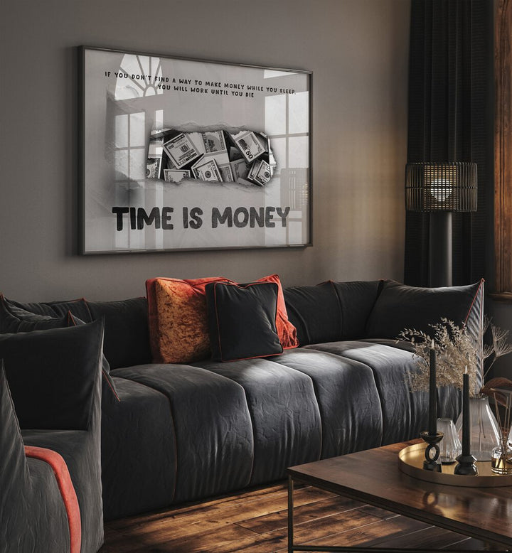 Time is Money Money Art Artwork in plain black frame hanging on wall in living space