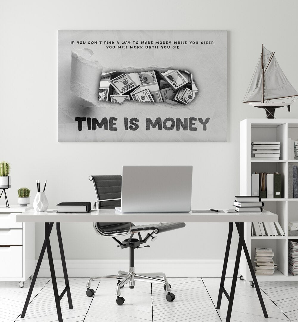 Time is Money Money Art Artwork in plain black frame hanging on wall in office