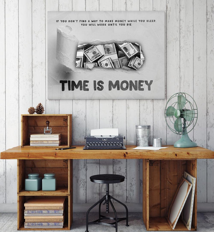 Time is Money Money Art Artwork in plain black frame hanging on wall above study table