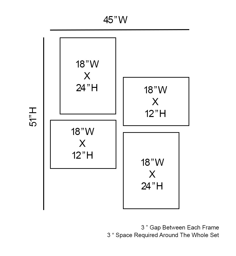 Diagram showing the dimensions and spacing of framed pictures on a wall.