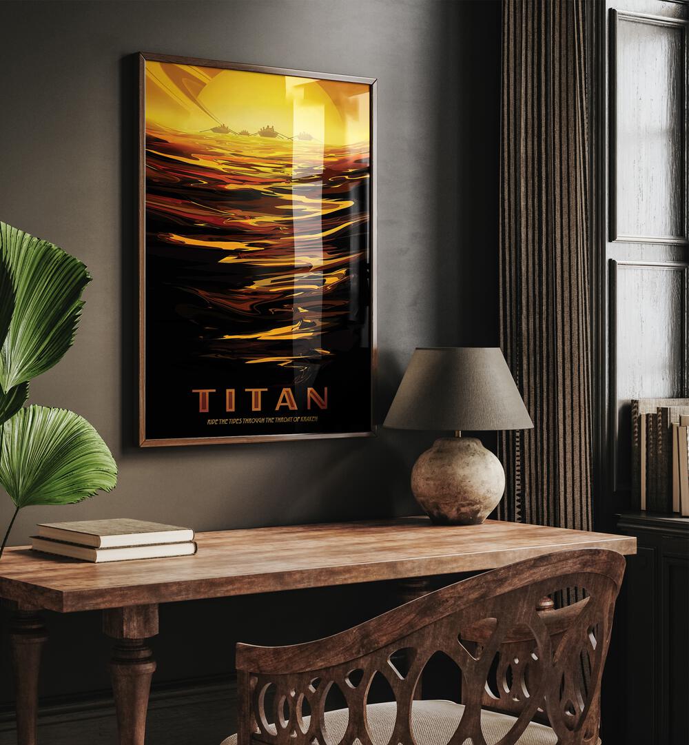 Titan Astronaut & Nasa Paintings, Space Art Prints Artwork in Dark Wood Plain Frame placed on a Dark Grey Colored Wall near a Study Table in the Drawing Room


 
