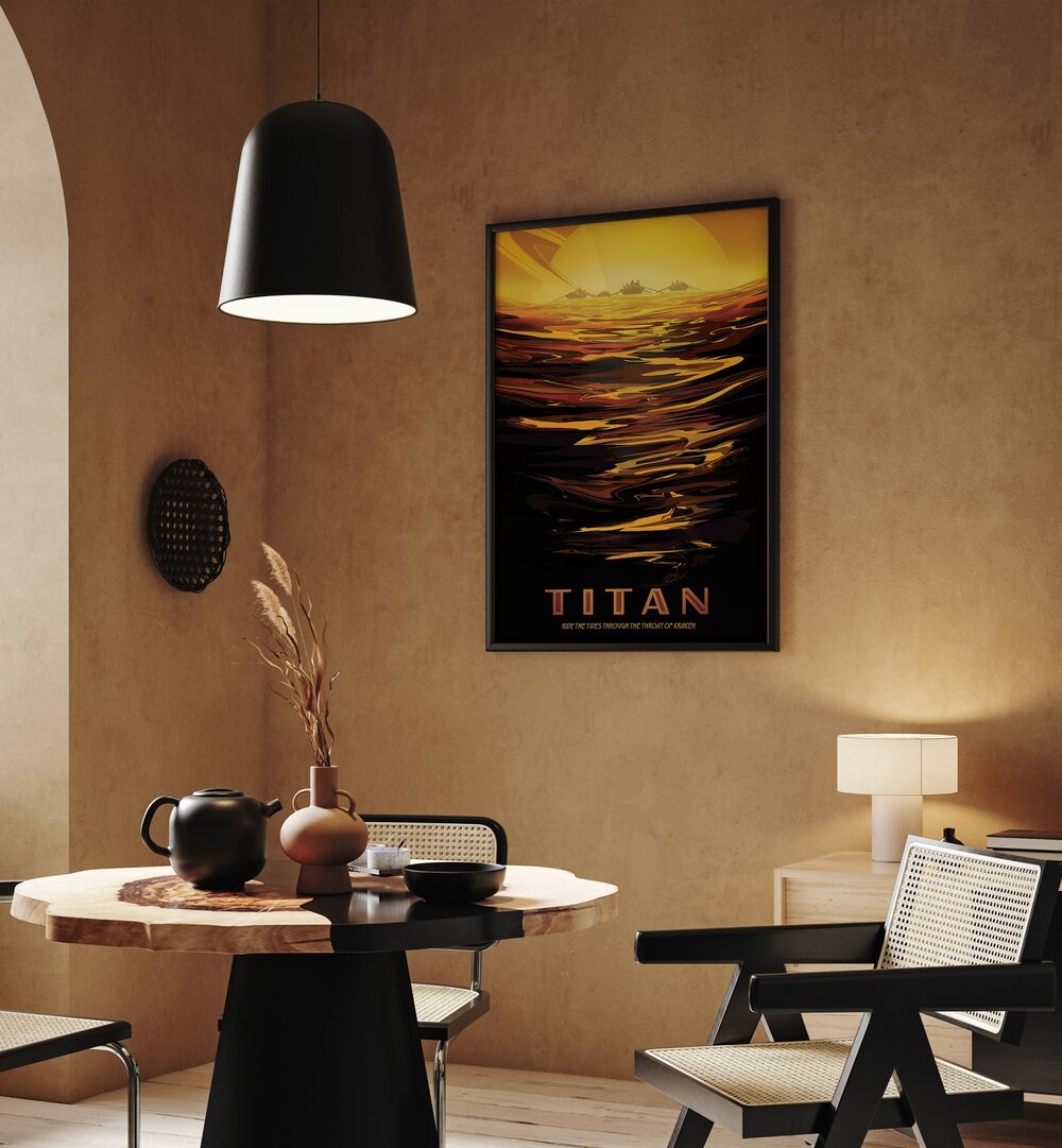 Titan Astronaut & Nasa Paintings, Space Art Prints Artwork in Black Plain Frame placed on a Brown Colored Wall in the Living Room
