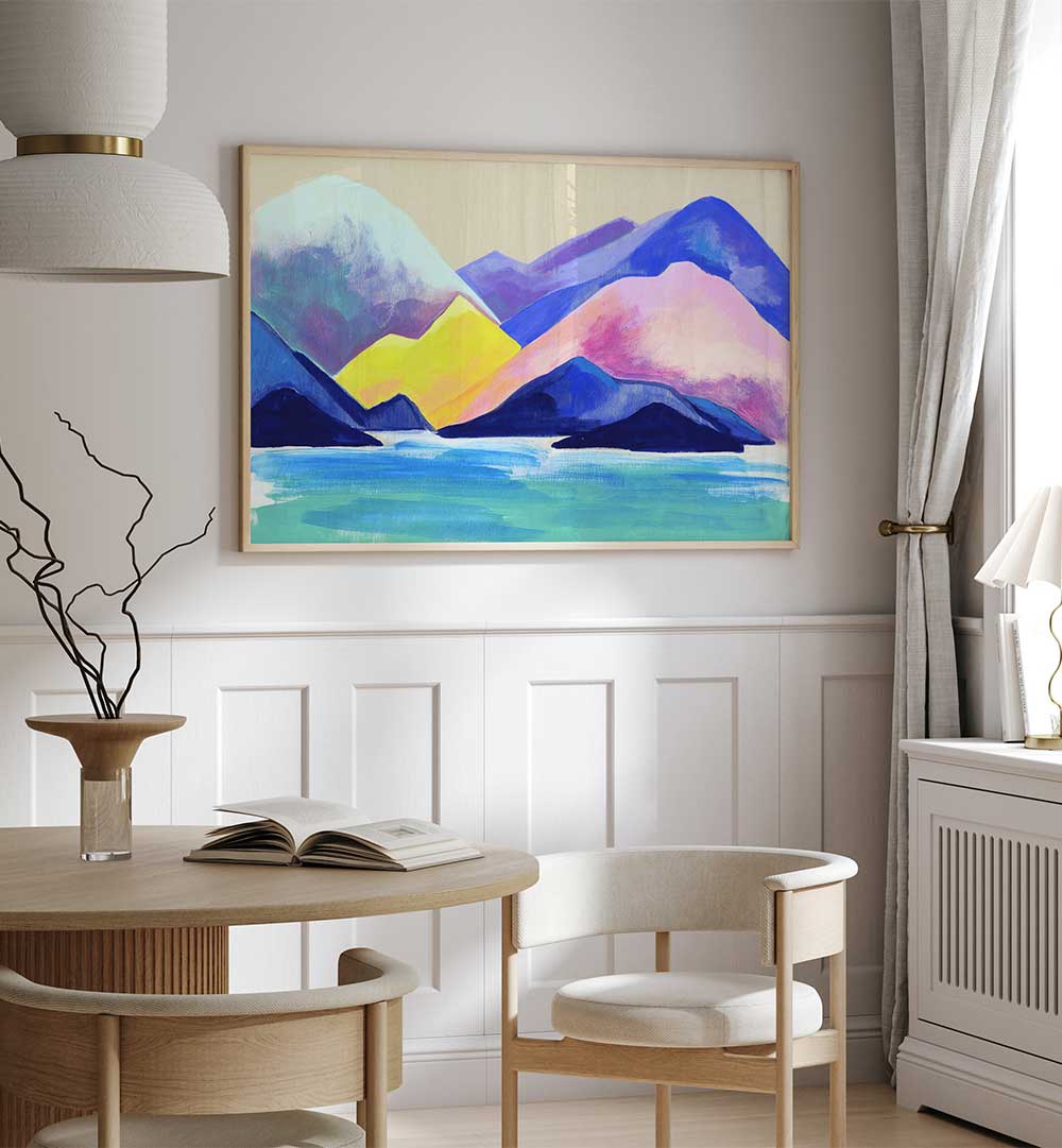 Vibrant TOFINO MOUNTAINSCAPE, LANDSCAPE PAINTINGS adorn a modern space, enhancing tranquility and natural beauty.