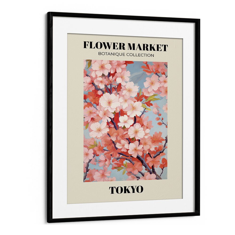 Tokyo- Flower Marketo   Botanical Flower Paintings Artwork  in Black Frame With Mount