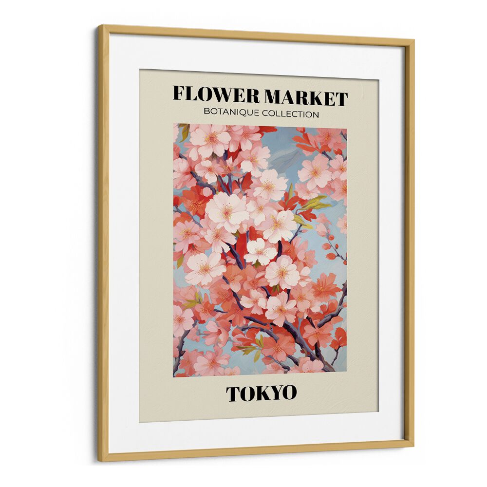 Tokyo- Flower Marketo   Botanical Flower Paintings Artwork in Oak Wood Frame With Moun