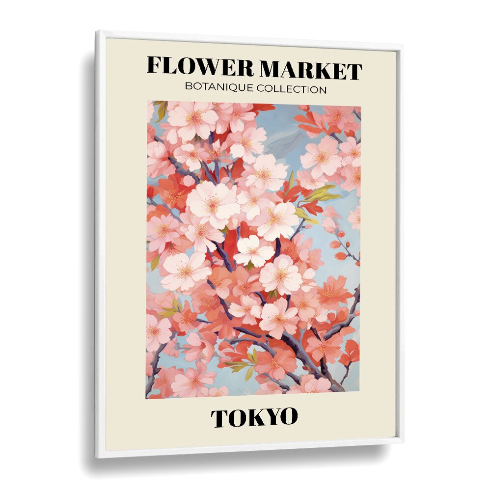 Tokyo- Flower Marketo  Botanical Flower Paintings Artwork  in White Plain Frame