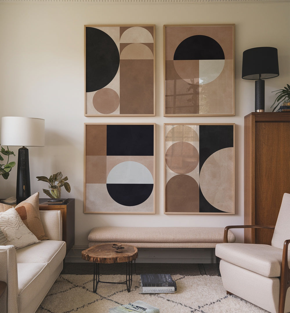 Transform your space with TONES & ARCS GALLERY WALL featuring four minimalist abstract artworks.