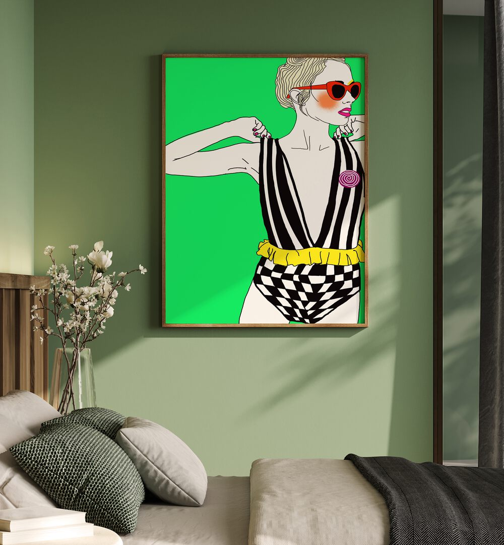 Too Tight And Too Overdressed Pop Artwork in plain oakwood frame on green wall for bedroom