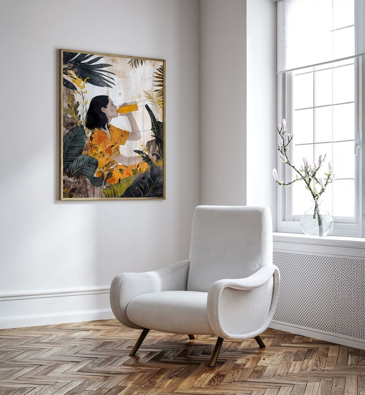Vibrant artwork from TOO HOT FOR ME I, PORTRAITS showcases a woman amidst lush greenery, igniting passion in art.