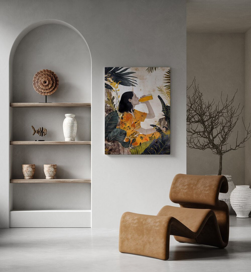 Vibrant art piece from TOO HOT FOR ME I, PORTRAITS, showcasing a woman enjoying a drink amidst tropical foliage.