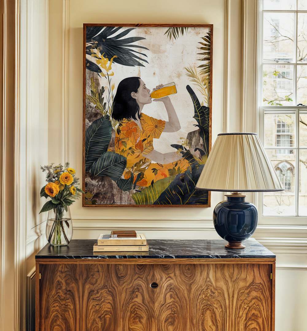Vibrant art from TOO HOT FOR ME I, PORTRAITS showcases a woman enjoying a drink surrounded by lush greenery.