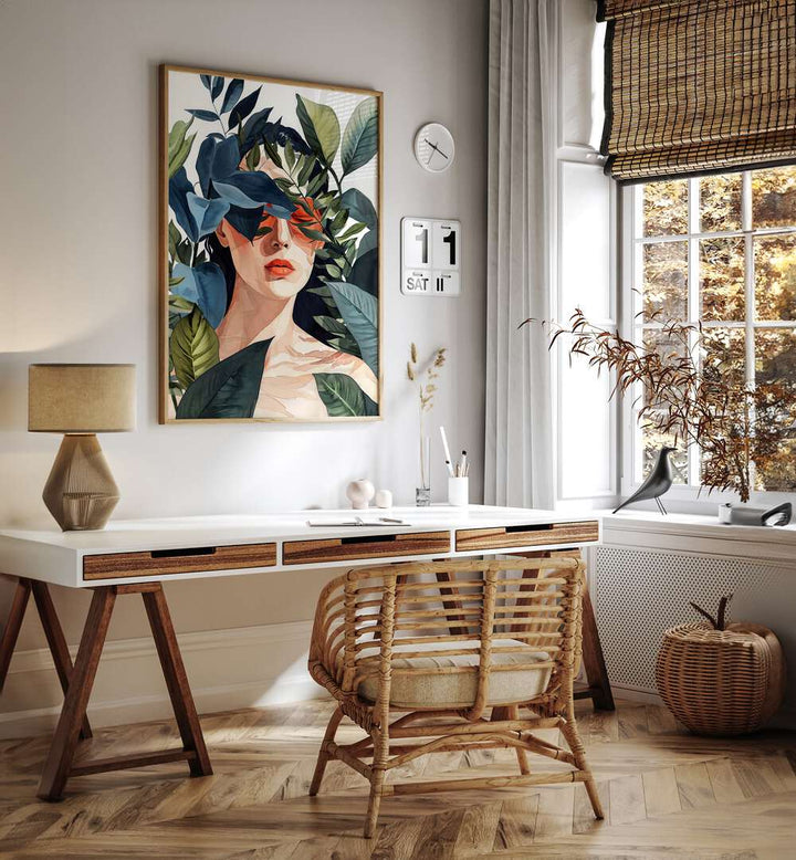 Stylish workspace featuring TOO HOT FOR ME III, PORTRAITS artwork, blending elegance and emotion in home decor.
