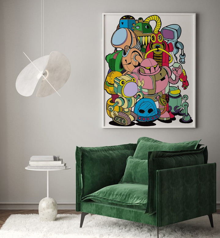 Toon-O-Bots Rollout Placed on an Off White Wall near A Green Sofa Chair in A Drawing Room