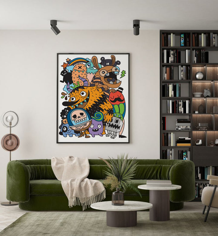 Toon Tales Comic Art Artwork in Black Plain Frame Placed on an Off White Wall Near a Green Sofa Next to a Book Cabinet in the Living Room