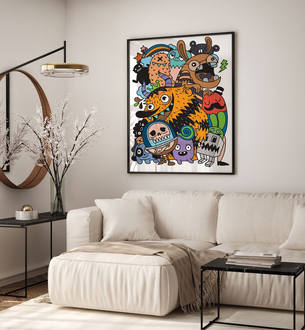 Toon Tales Comic Art Artwork in Black Plain Frame Placed on an Off White Wall Near a Cream Sofa in the Living Room