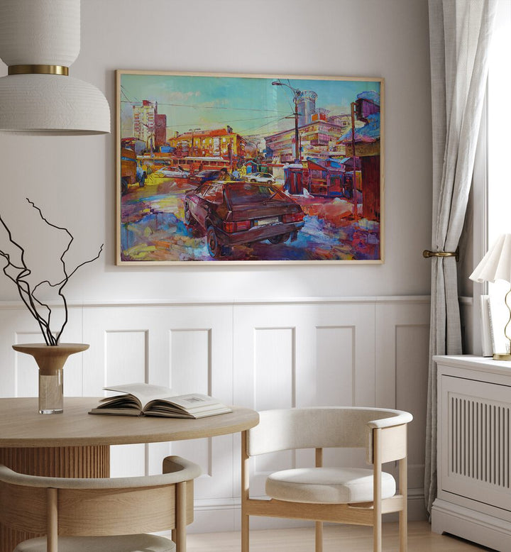 Vibrant TOWN RIDE XL, LANDSCAPE PAINTINGS displayed in a cozy interior, enhancing urban cycling aesthetics.