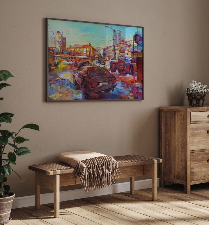 Vibrant TOWN RIDE XL, LANDSCAPE PAINTINGS enhancing a cozy interior with urban charm and artistic flair.