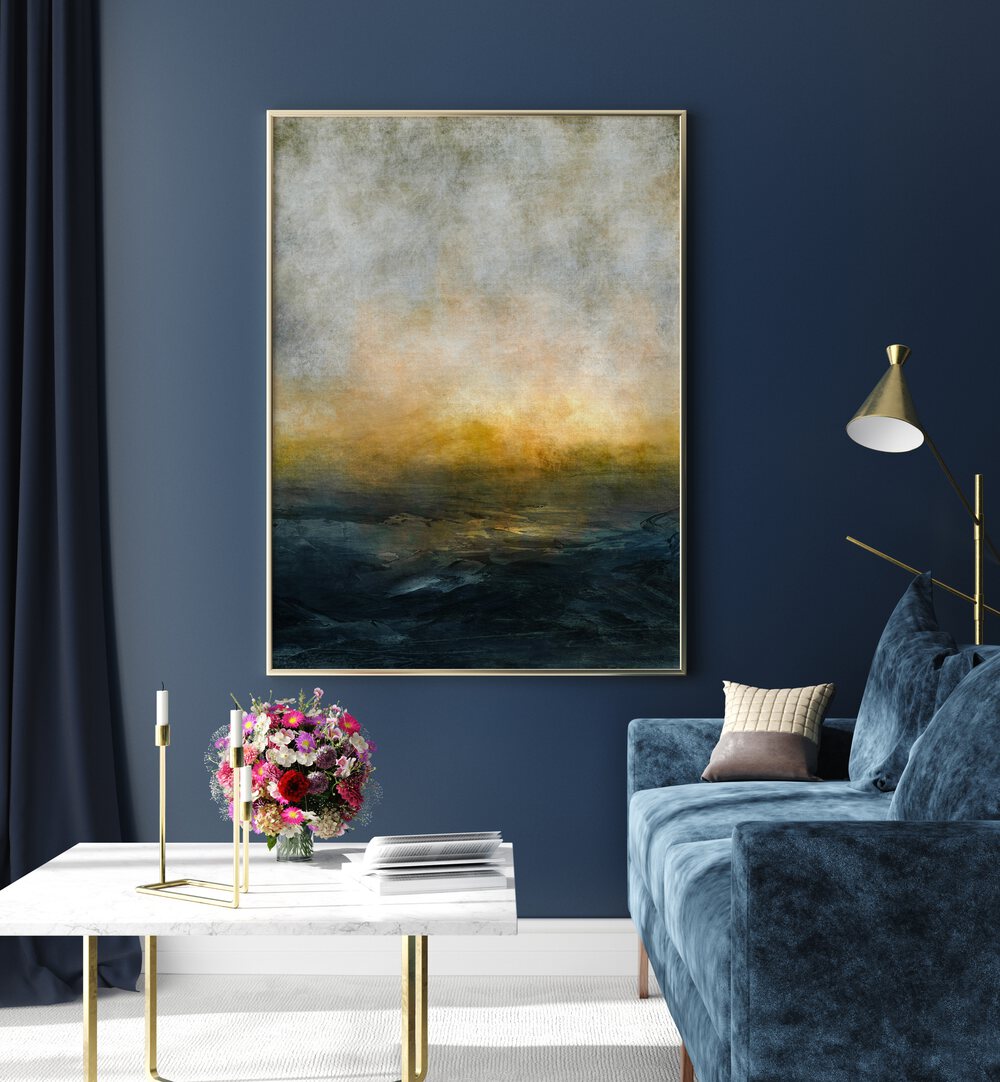 Stunning TRAMONTO, ABSTRACT PAINTINGS hanging in a modern living room, enhancing contemporary décor beautifully.