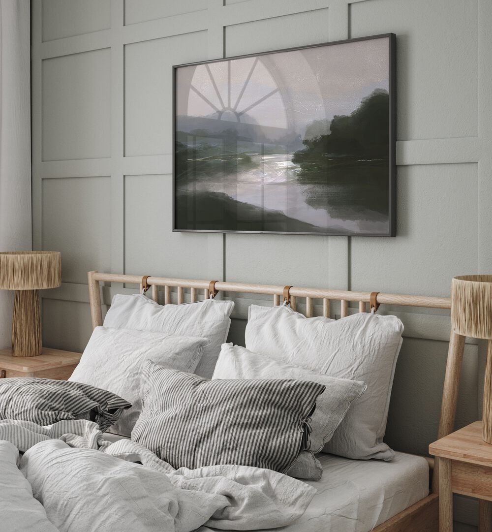Relaxing bedroom featuring TRANQUILLITAS, LANDSCAPE PAINTINGS that enhance tranquility and natural beauty.