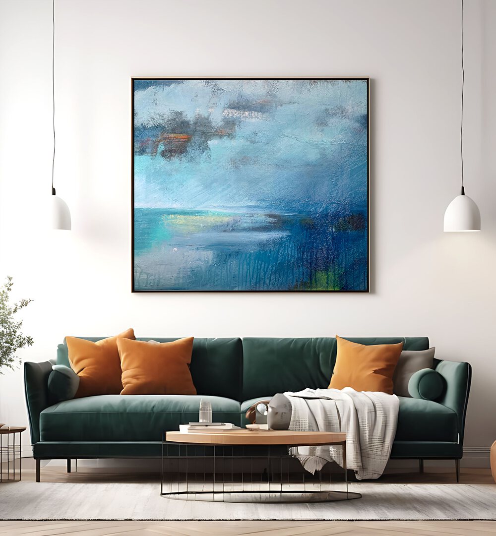 Serene TRANQUIL SEASCAPE PAINTING , ABSTRACT PAINTINGS displayed in a modern living room, enhancing elegance and calm.