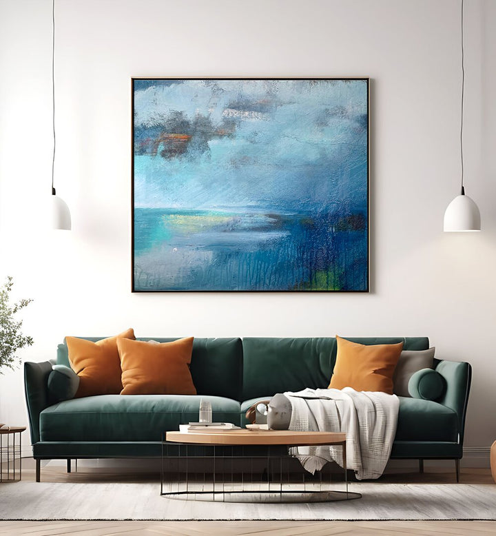 Serene TRANQUIL SEASCAPE PAINTING , ABSTRACT PAINTINGS displayed in a modern living room, enhancing elegance and calm.