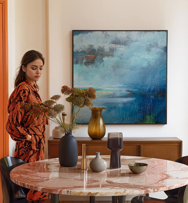 Serene living space featuring the TRANQUIL SEASCAPE PAINTING, ideal for enhancing elegance in abstract paintings.