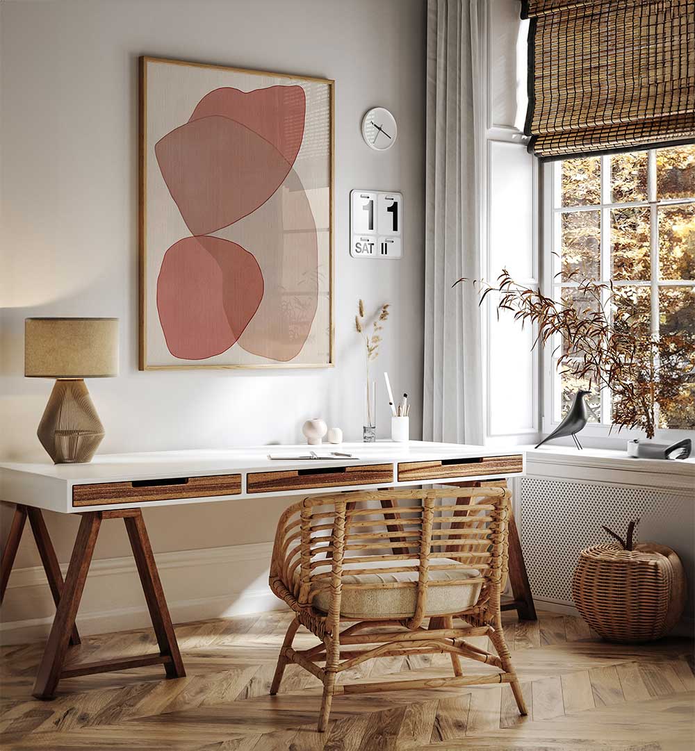 TRANSLUCENT SHAPES IN SOFT PINKS AND REDS , BOHO ART PAINTINGS