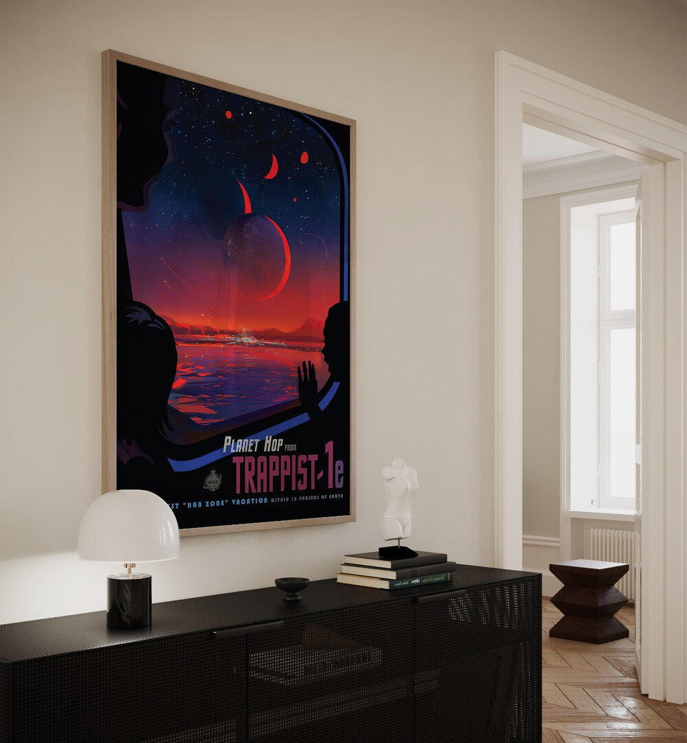 Trappist-1E Astronaut & Nasa Paintings, Space Art Prints Artwork in Oak Wood Plain Frame placed above a Console Table

