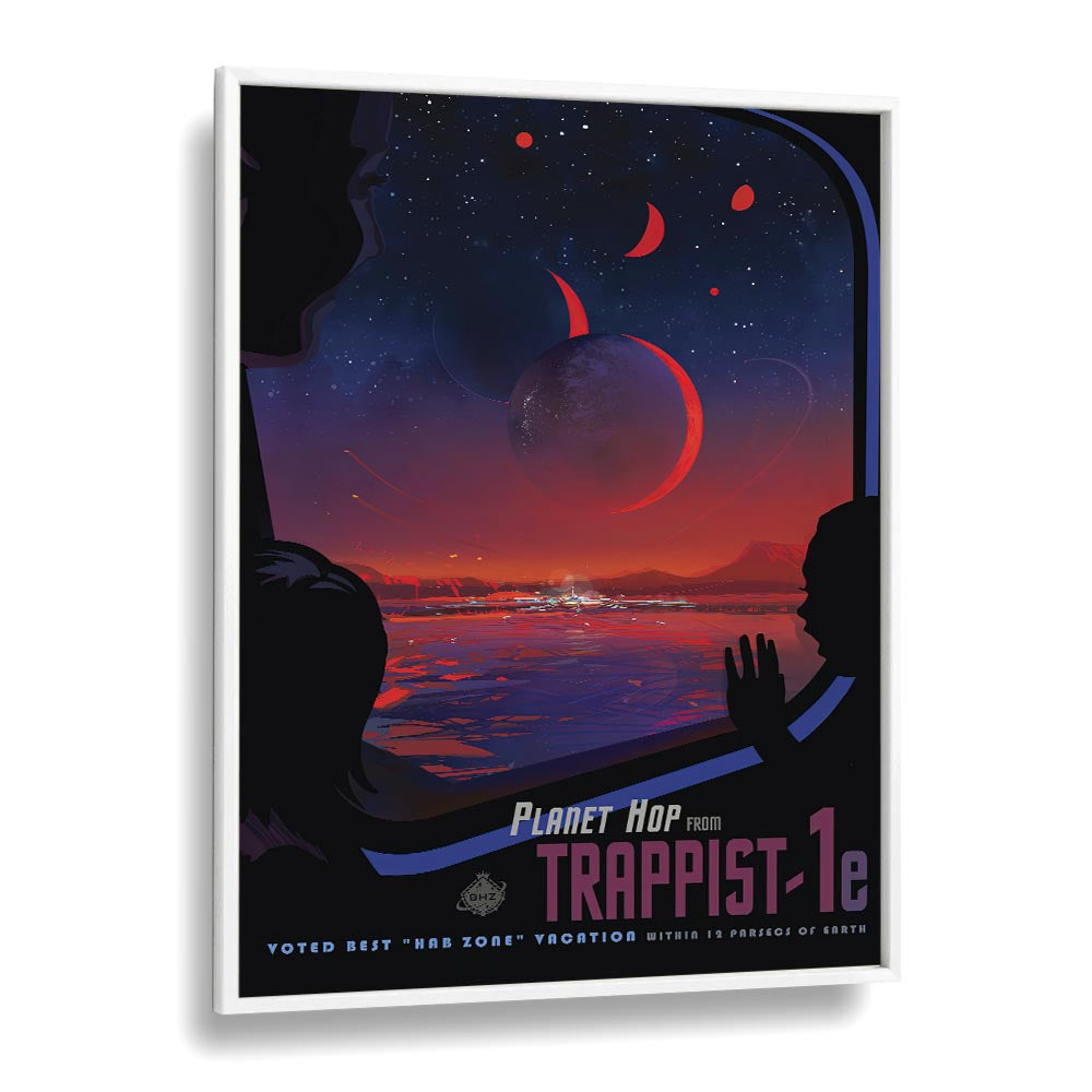 Trappist-1E Astronaut & Nasa Paintings, Space Art Prints Artwork in White Plain Frame
