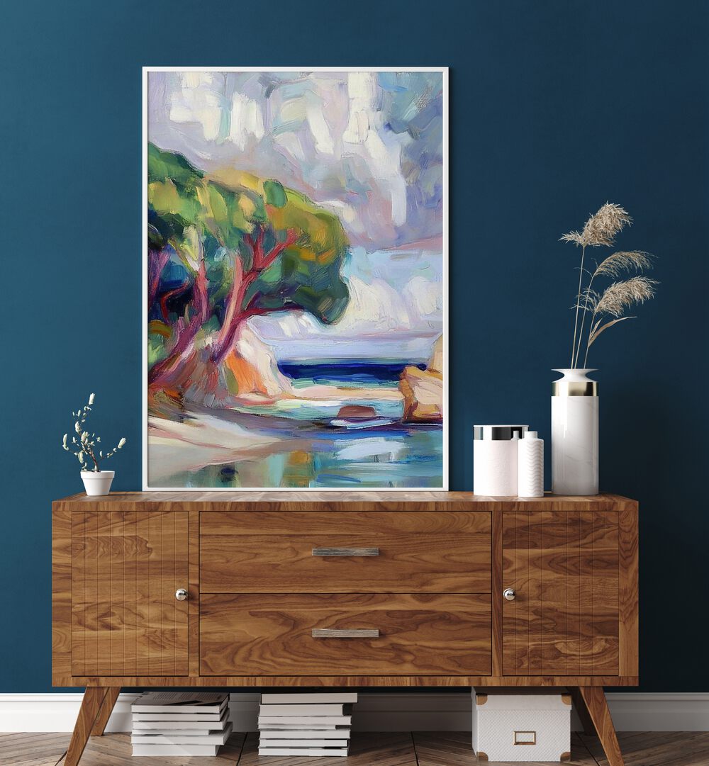 Vibrant artwork titled TREE BY THE SEA, blending coastal beauty and nature's elegance for your living space.