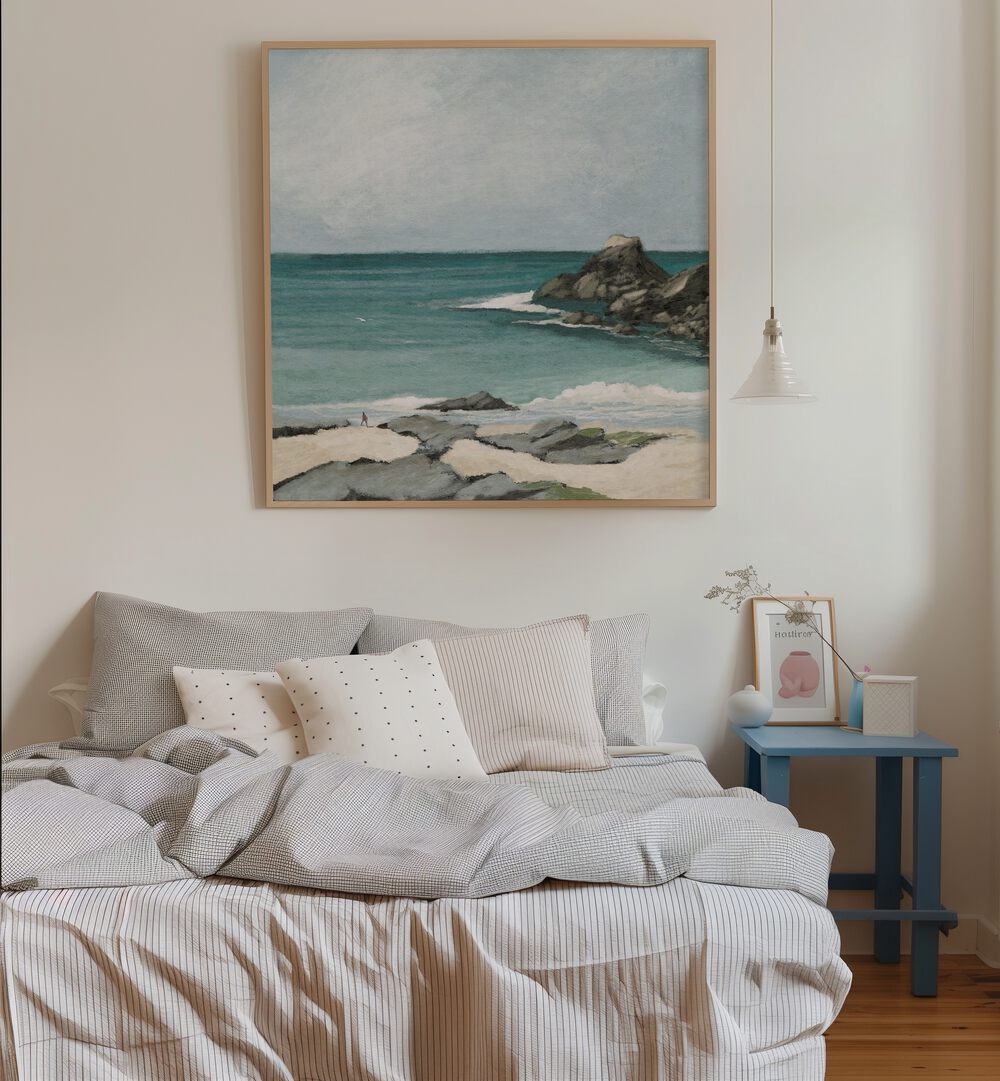TREVONE BAY, BEACH PAINTINGS adorn a cozy bedroom, capturing the serene beauty of coastal life at Trevone Bay.