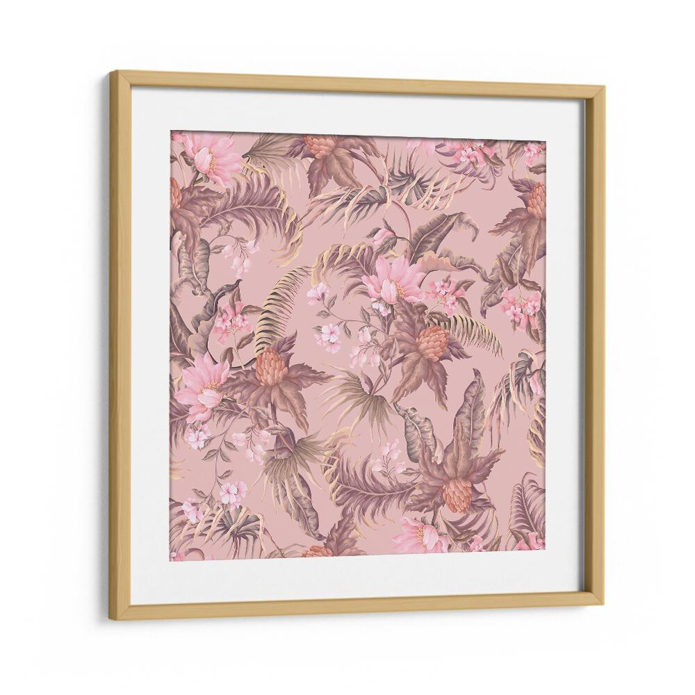 Tropical Flowers Botanical Art Print Artwork in Oak Wood Frame With Mount