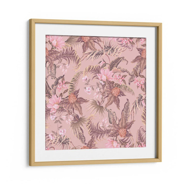 Tropical Flowers Botanical Art Print Artwork in Oak Wood Frame With Mount