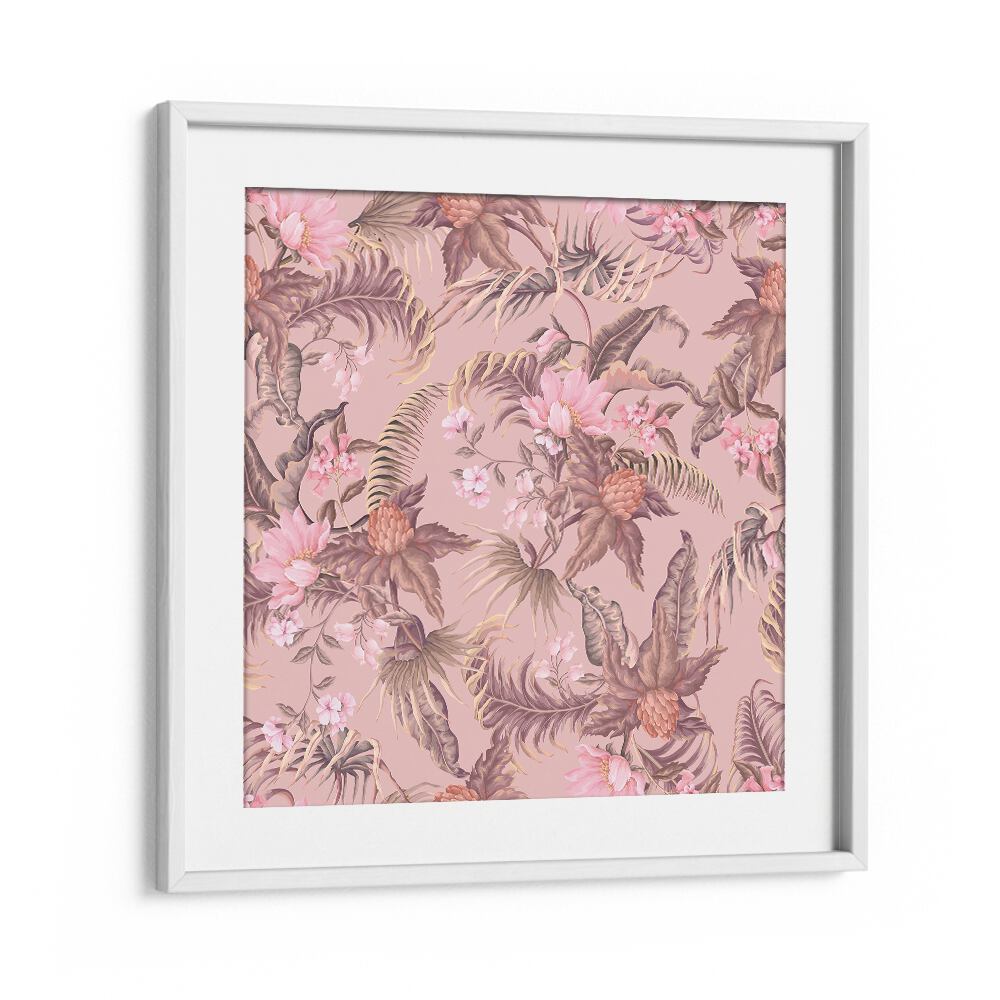 Tropical Flowers Botanical Art Print Artwork in White Frame With Mount