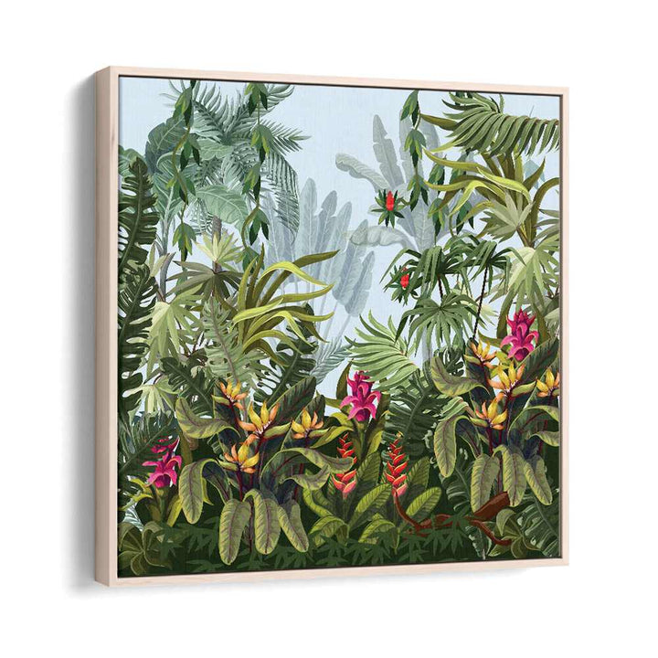 Tropical Forest Botanical Art Print Artwork in Oak Wood Floater Frame