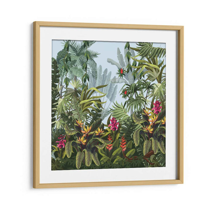 Tropical Forest Botanical Art Print Artwork in Oak Wood Frame With Mount