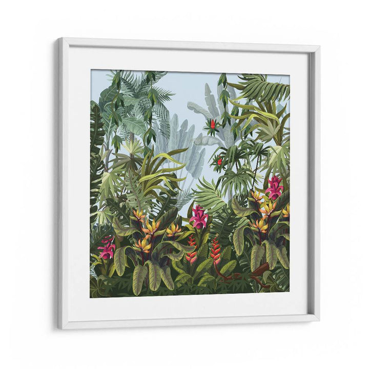 Tropical Forest Botanical Art Print Artwork in White Frame With Mount