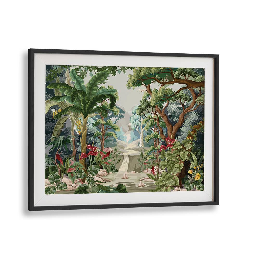 Tropical Jungle Botanical Art Print Artwork in Black Frame With Mount