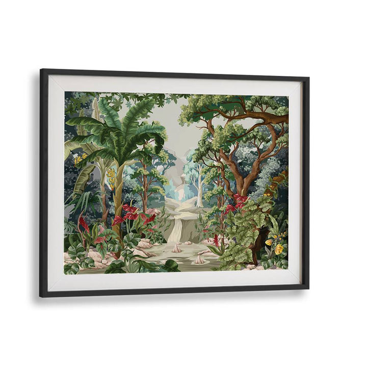 Tropical Jungle Botanical Art Print Artwork in Black Frame With Mount