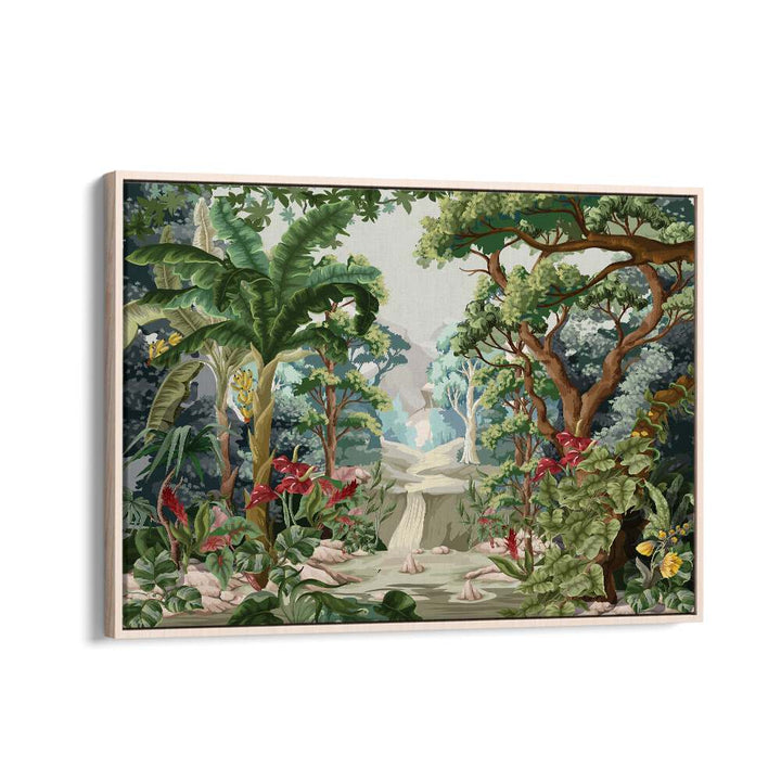 Tropical Jungle Botanical Art Print Artwork in Oak Wood Floater Frame