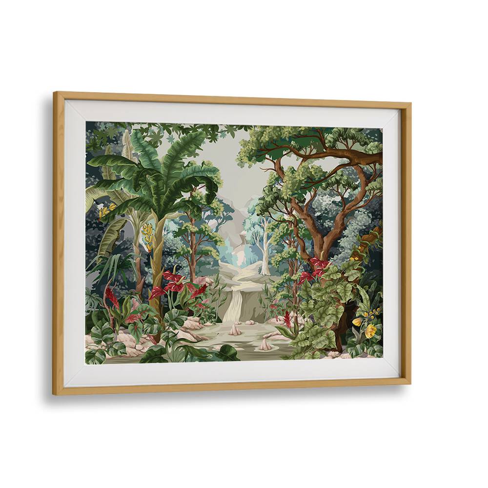 Tropical Jungle Botanical Art Print Artwork in Oak Wood Frame With Mount