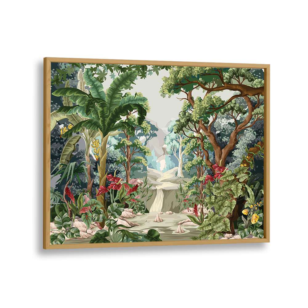 Tropical Jungle Botanical Art Print Artwork in Oak Wood Plain Frame