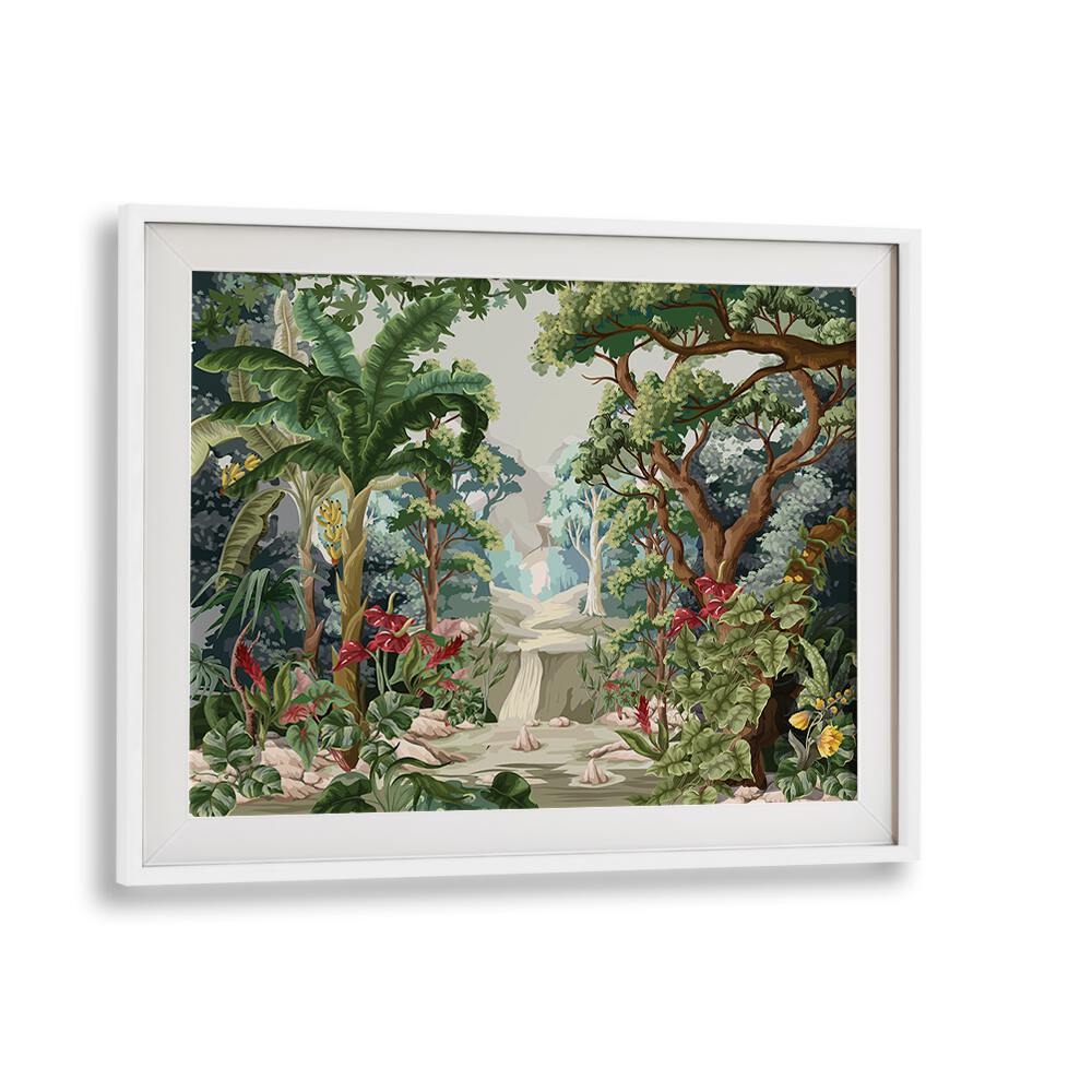 Tropical Jungle Botanical Art Print Artwork in White Frame With Mount