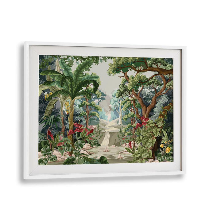 Tropical Jungle Botanical Art Print Artwork in White Frame With Mount