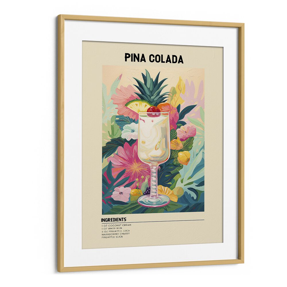 Tropical Pina Colada Bar & Cafe Artwork in Oak Wood Frame With Mount