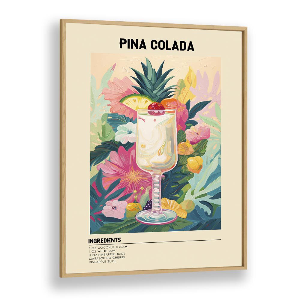 Tropical Pina Colada Bar & Cafe Artwork in Oak Wood Plain Frame