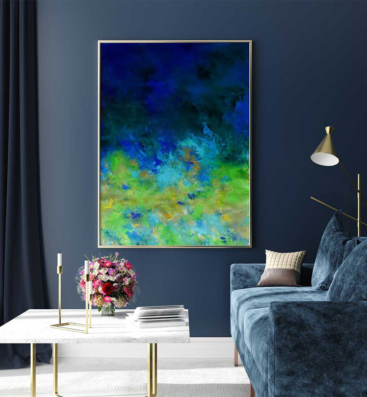 Vibrant TROPICAL WATER , ABSTRACT PAINTINGS adorn a modern living space, enhancing its tranquil atmosphere.